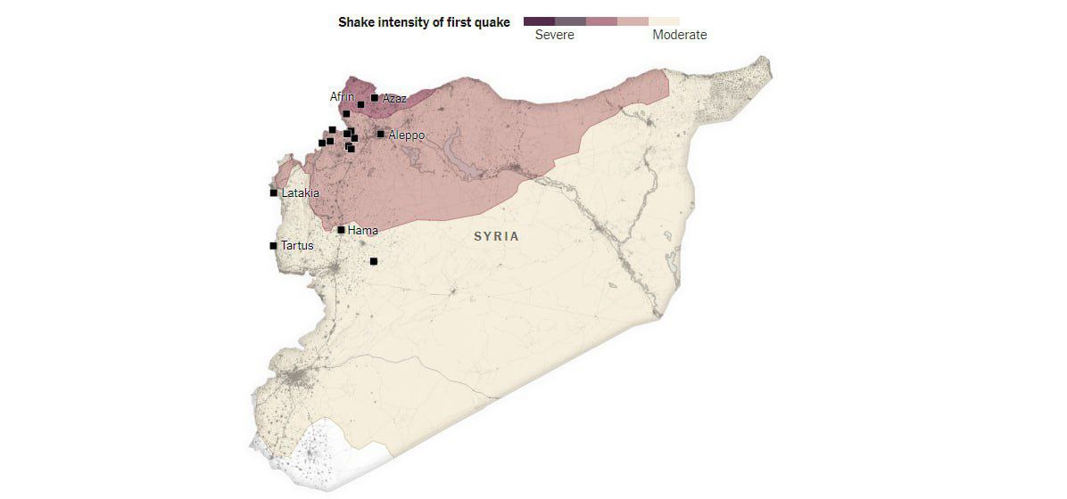 مناطق تأثير زلزال تركيا / المناطق ذات اللون الغامق هي المناطق الأكثر تضررا في سوريا